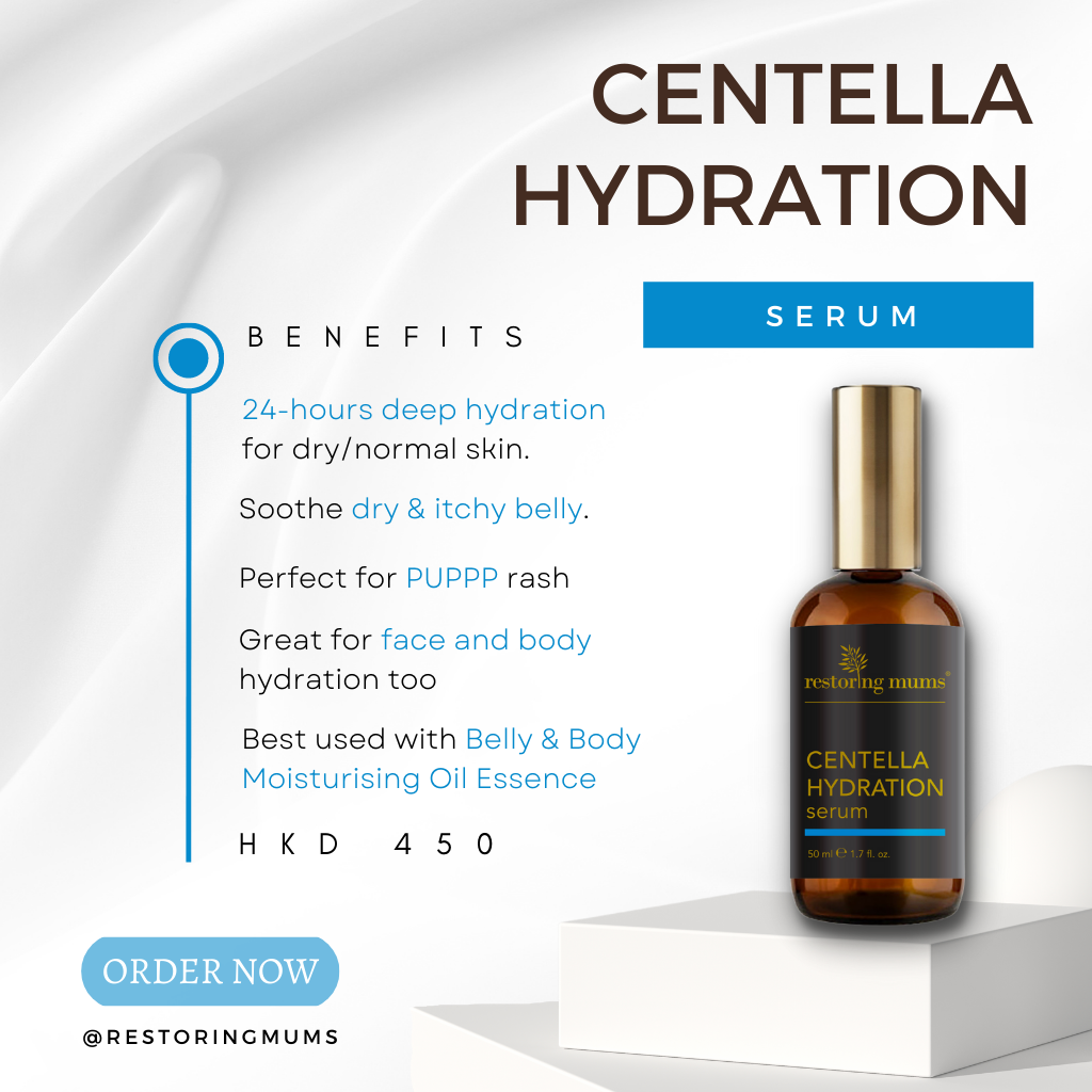 Centella Hydration Serum provides 24-hours deep hydration for dry skin. It soothe dry & itchy belly. Perfect for PUPPP rash. Great for face and body hydration. Best used with Belly & Body Moisturising Oil Essence.