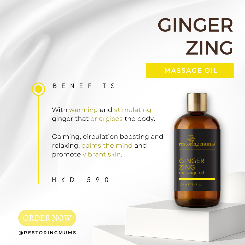 Ginger Zing Massage Oil formulated with  warming and stimulating ginger that energises the body.  It promotes calming of the mind, circulation boosting and relaxing, and  promote vibrant skin.