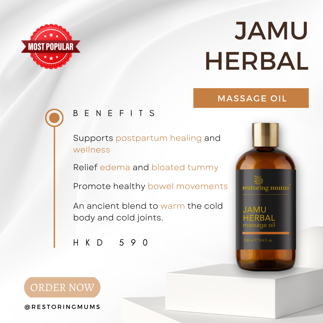 Jamu Herbal Massage Oil supports postpartum healing and wellness. This massage oil proven to relief edema and bloated tummy, promote healthy bowel movements. 