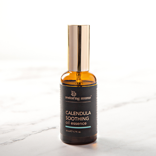Calendula Soothing Oil Essence Great for mums, kids, babies and dads too! Harnessing the skin soothing properties of calendula and exceptional high fatty acid content of oat oil, blended with healing Frankincense, German Chamomile and Lavender to soothe red irritated skin.